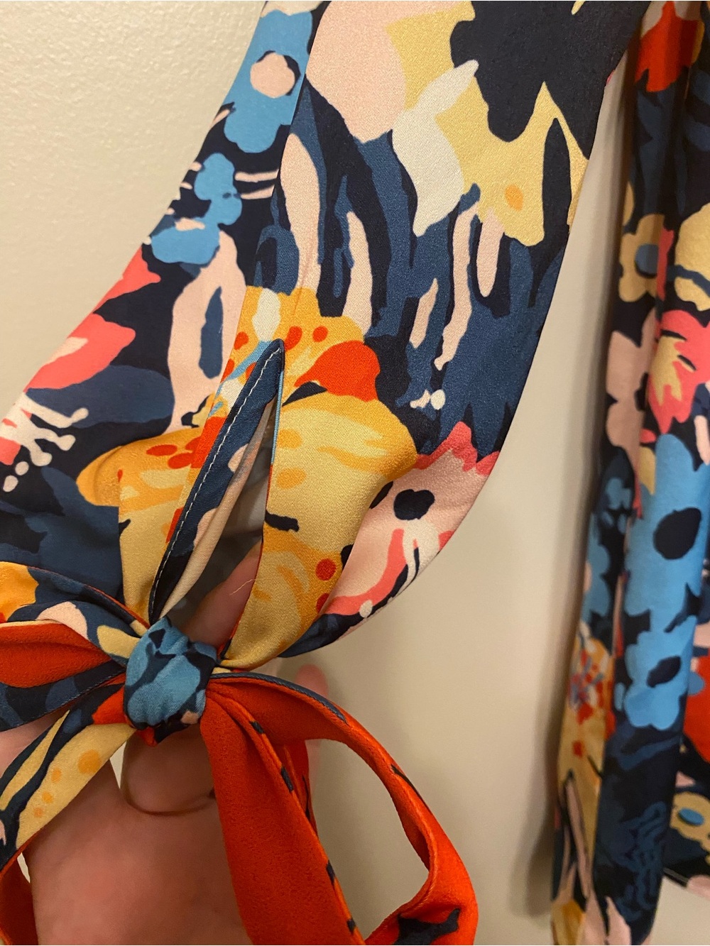 Modcloth Navy Floral Tie-Neck Blouse with Red & Yellow Accents - Picture 3 of 4